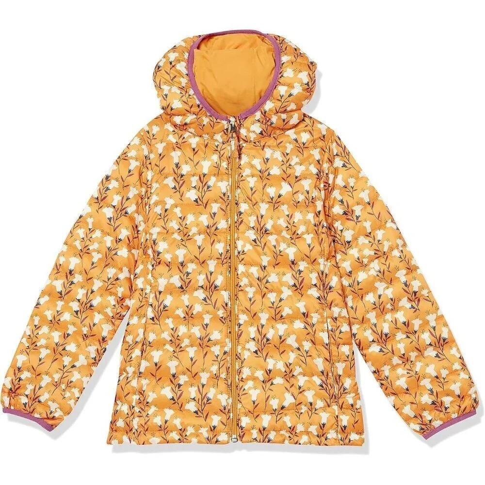 🆕Girls Yellow Floral Lightweight Resistant Hooded Puffer Jacket Winter Coat